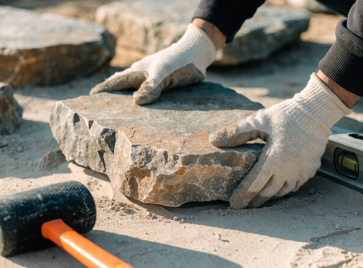 Sample jobsite image (AI placeholder) — crew setting natural stone; a real YardScape jobsite photo replaces this at launch.